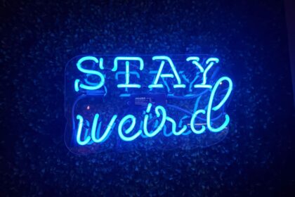 blue neon text on a black background reads Stay Weird